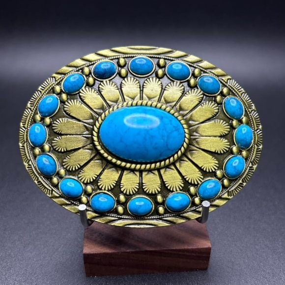 Turquoise Blue Color Accented Western Belt Buckle Silver or gold main image 14
